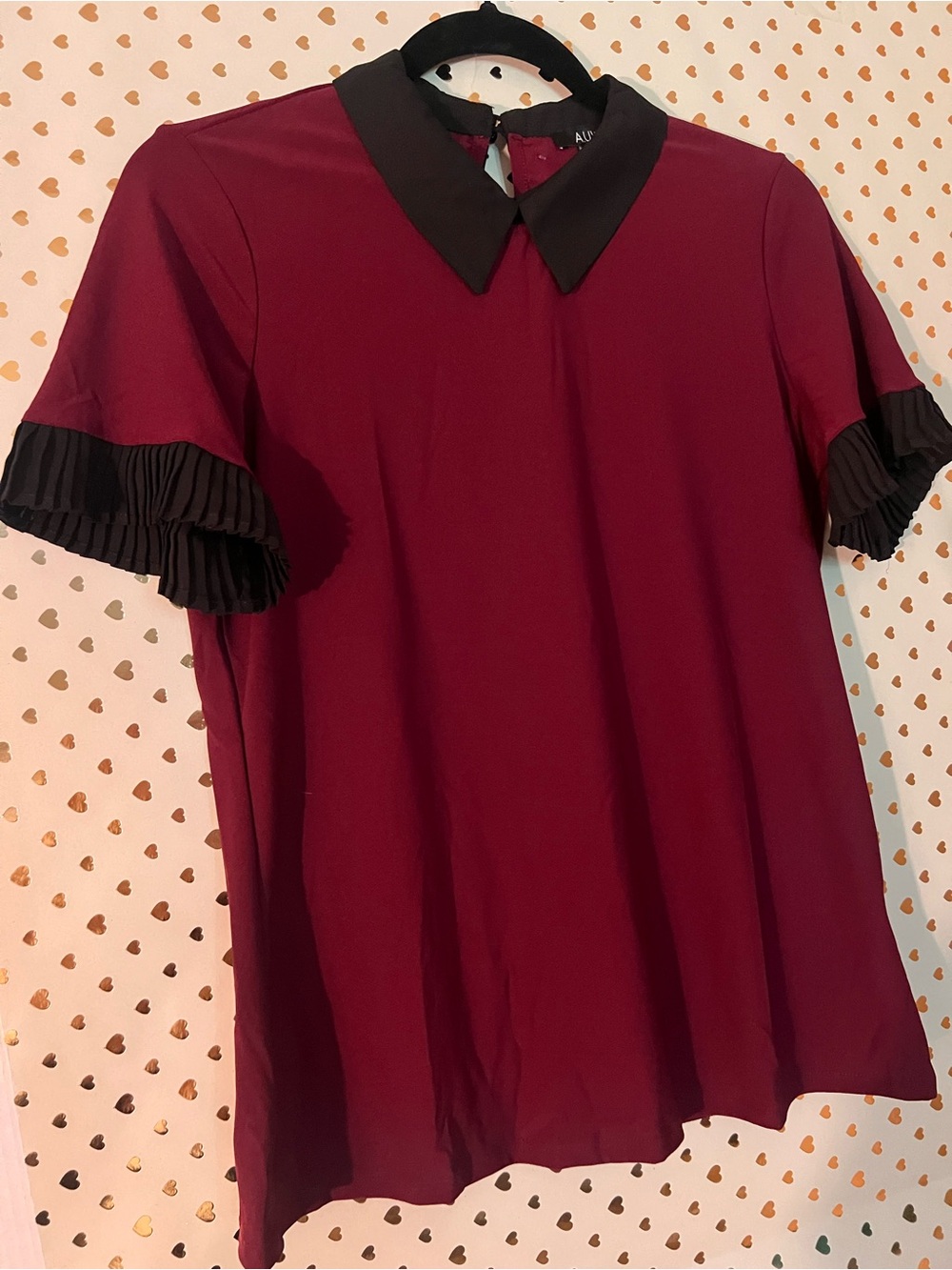AUW Burgundy Short-Sleeve Blouse with Black Peter Pan Collar
